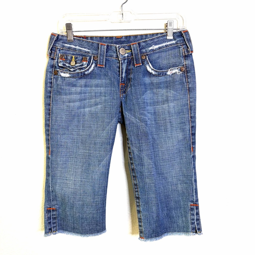 True Religion Y2K jorts Distressed Blue Capri Jeans sz 27 made in USA denim